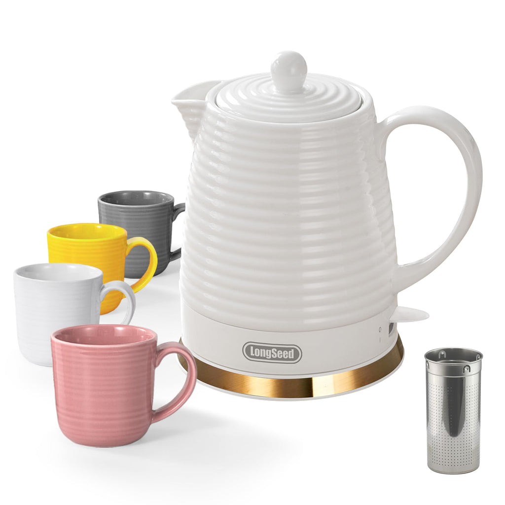 LONGSEED 1000W Ceramic Electric Kettle with 4 Mugs & Infuser, 1.2L Rapid Boil, Ideal Gift for Housewarming, Wedding, Tea Lovers, Auto Shut-Off, Boil-Dry Protection