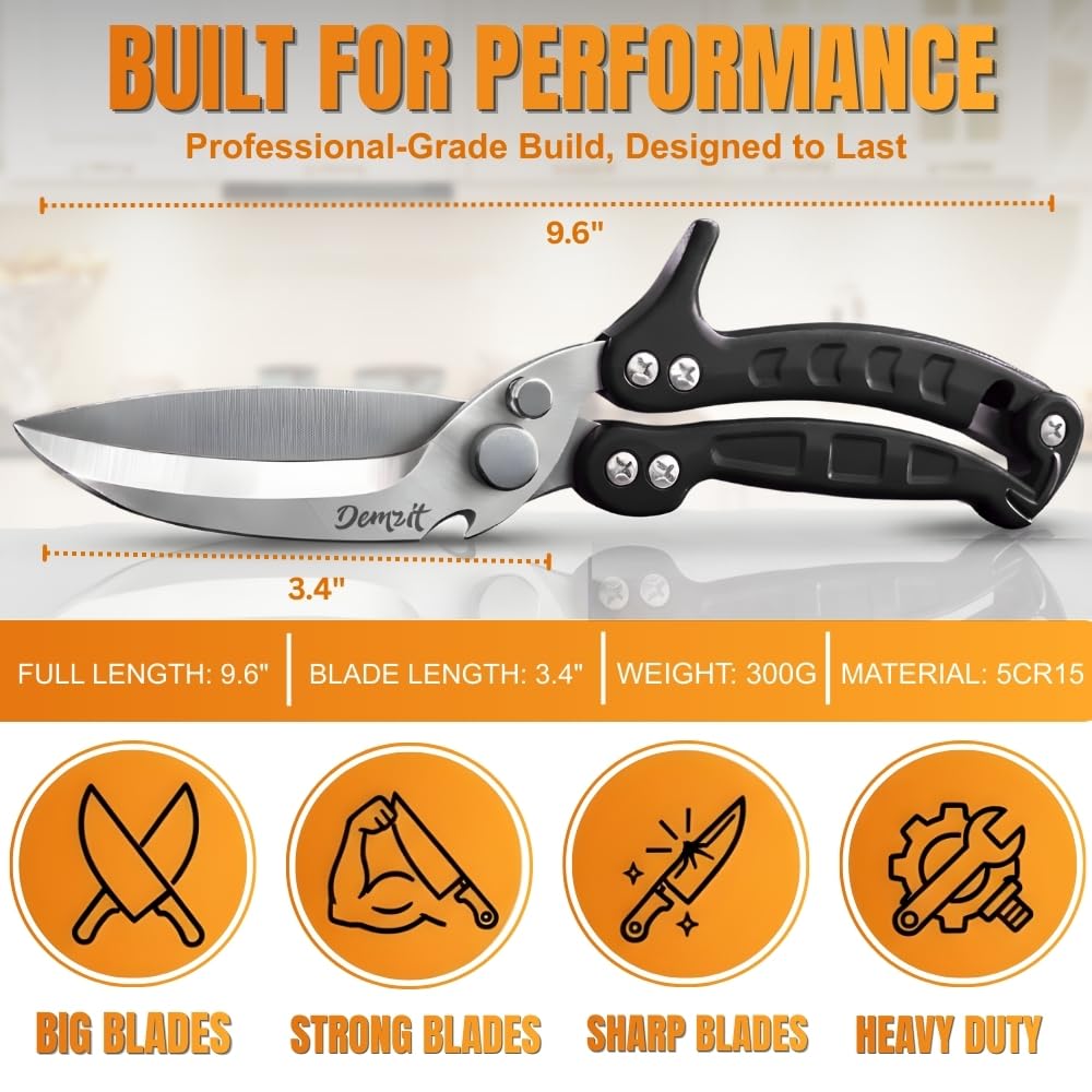 Poultry Shears Heavy Duty Professional, Kitchen Shears for Poultry,Turkey, Chicken & Bone Cutting, Multi-purpose kitchen Scissors Spring-Loaded, Dishwasher Safe, Meat Shear with Non-Slip Handle, Black