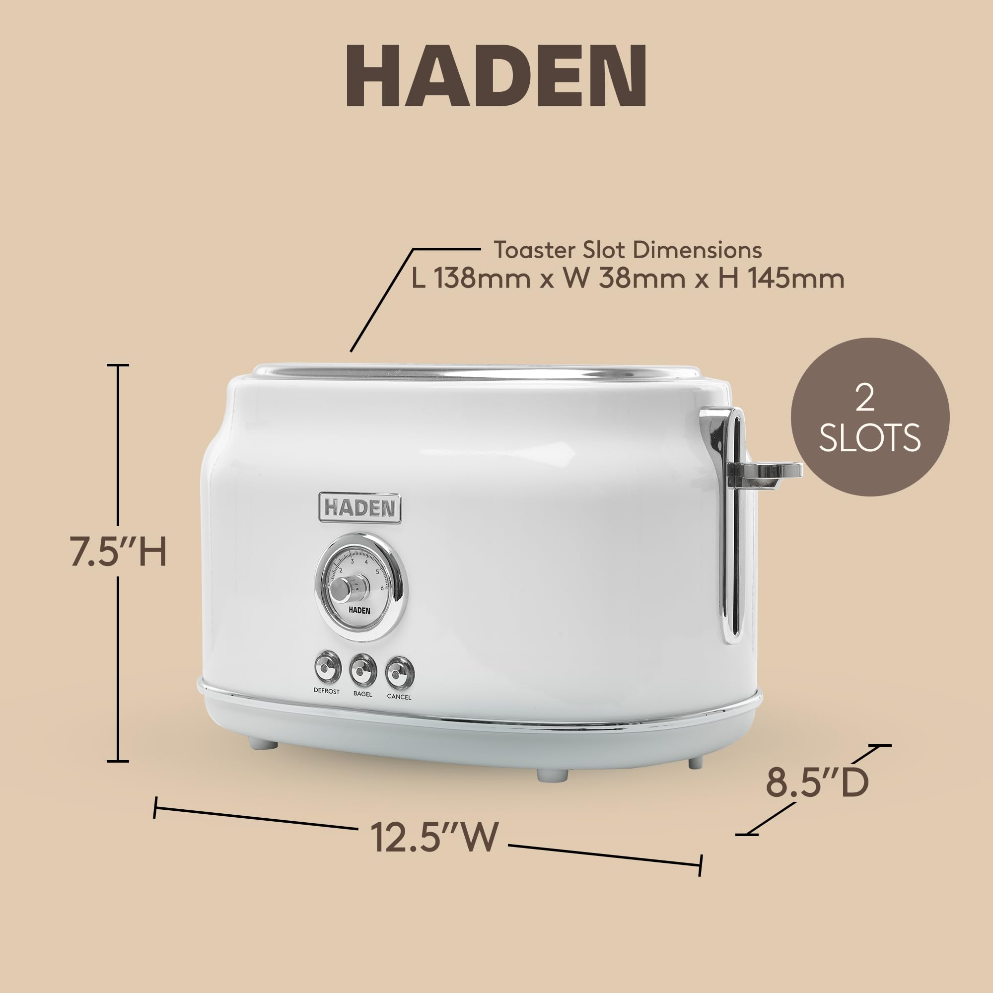 Haden Dorset 2 Slice Extra Wide Slot Toaster with Cool Touch Exterior, Removable Crumb Tray, and 6 Variable Browning Control, Ivory