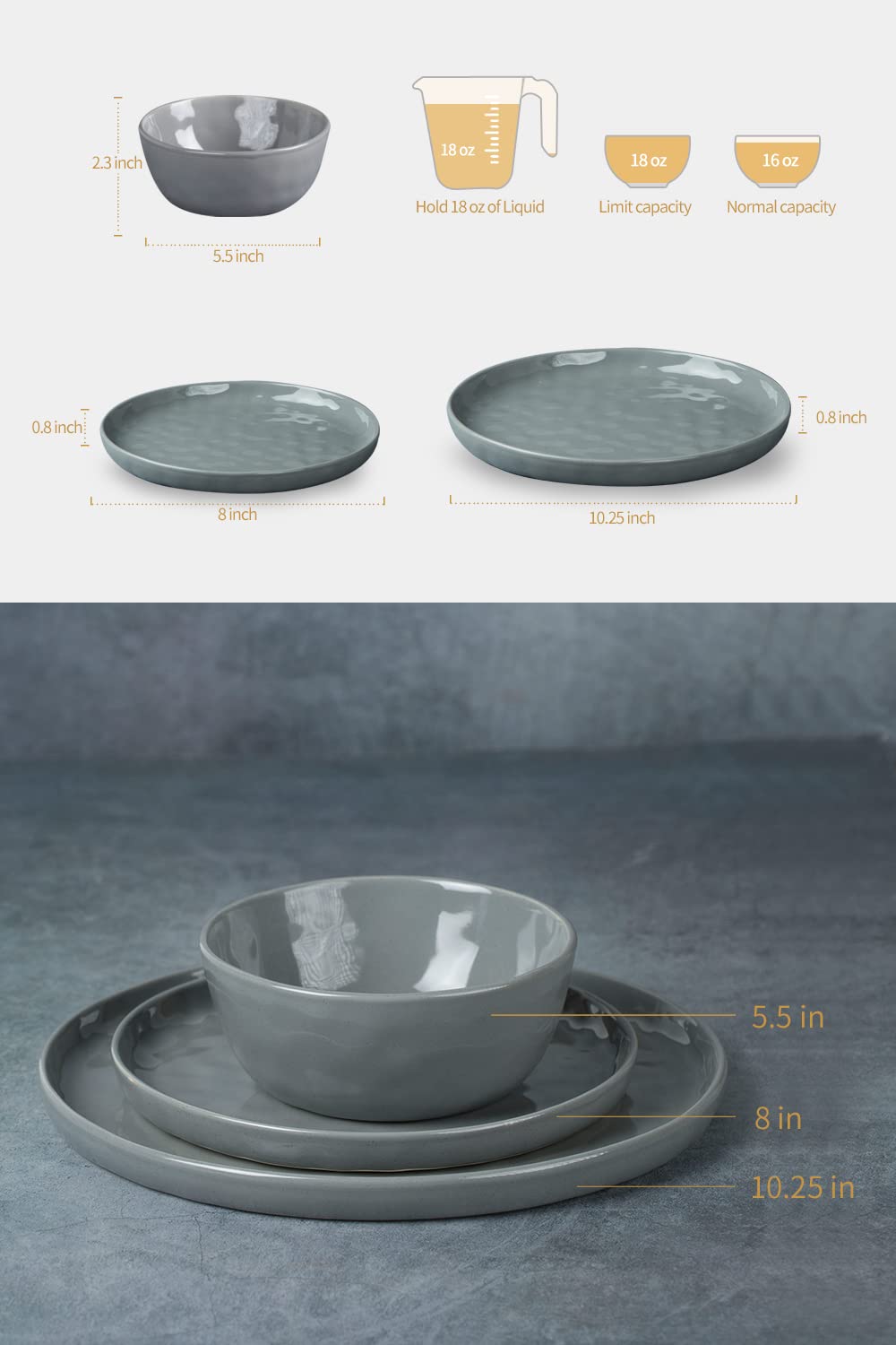 Famiware Mars Stoneware Dinnerware Set for 4, Dark Gray