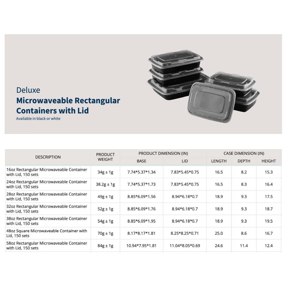 TIYA Food Containers - 58 oz Bulk 150 Pack with Lids - Rectangular Plastic To-Go Containers - Reusable, Microwavable, Dishwasher Safe - Leak-Proof for Meal Prep - BPA-Free
