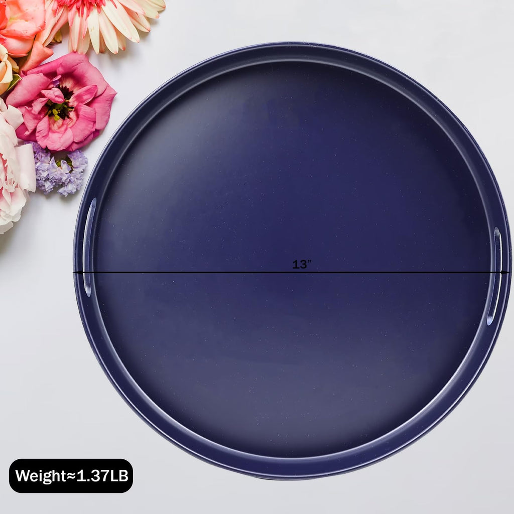 SforGUVA Navy Blue Decorative Serving Tray with Handles, 13” Versatile Ottoman Tray for Coffee Table, Entertaining, Outdoor Patio, Living Room
