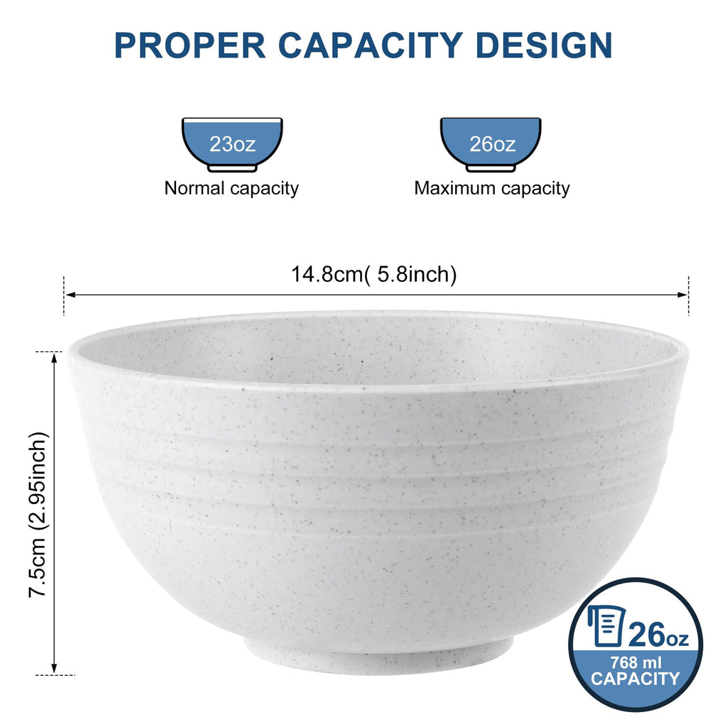 HOTEC Unbreakable Wheat Straw Cereal Bowls - Microwave & Dishwasher Safe Soup and Salad Bowls BPA Free, Set of 8, 26oz, Off-White