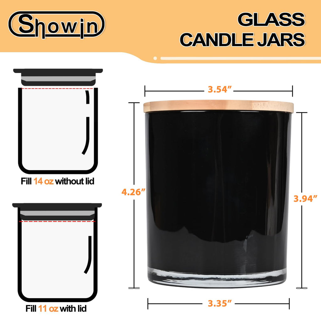 SHOWIN Thick Candle Jars for Making Candles 12 Pcs, 14 OZ Empty Jars with Wood Lids for Candle Making, Sample Container, Inner Black