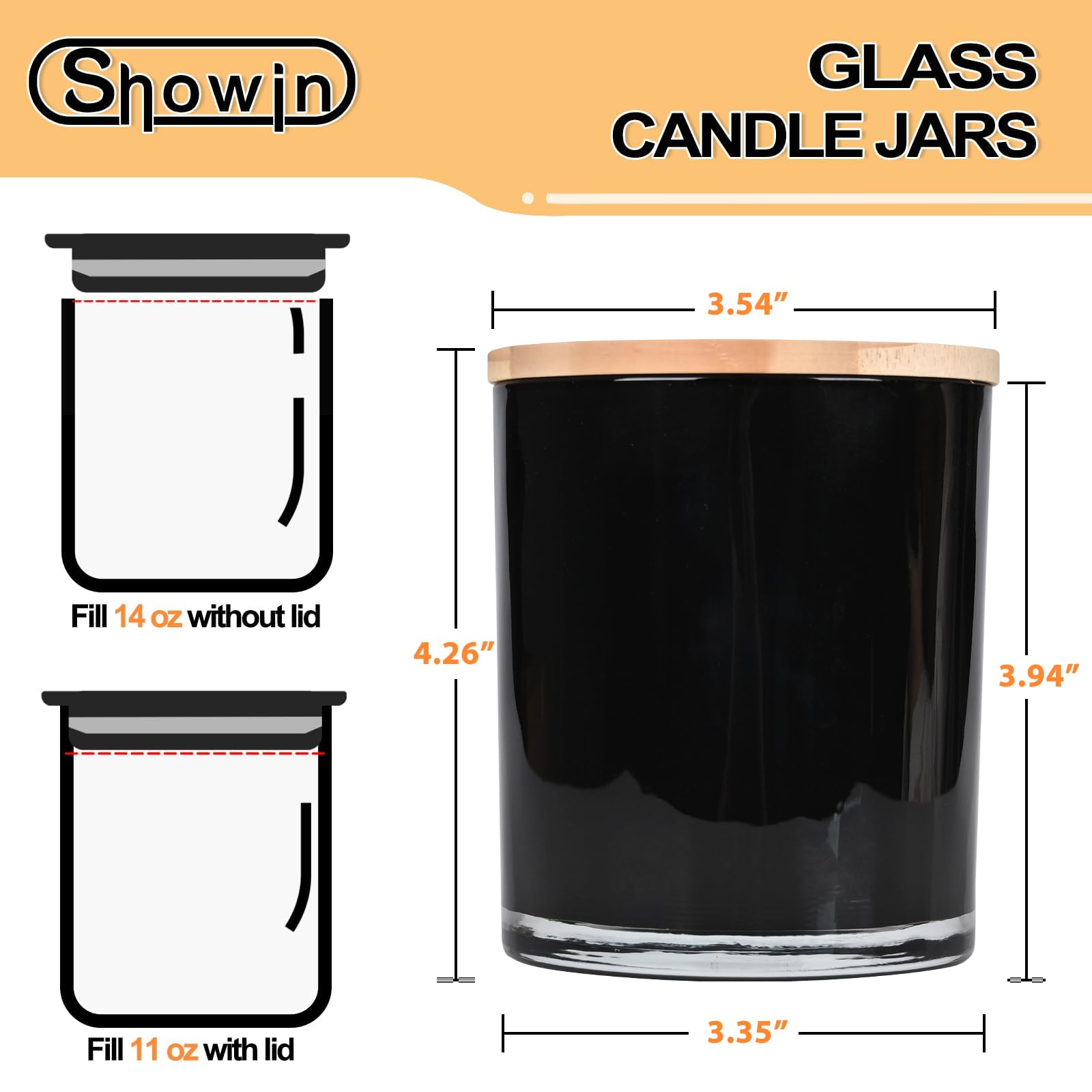 SHOWIN Thick Candle Jars for Making Candles 12 Pcs, 14 OZ Empty Jars with Wood Lids for Candle Making, Sample Container, Inner Black