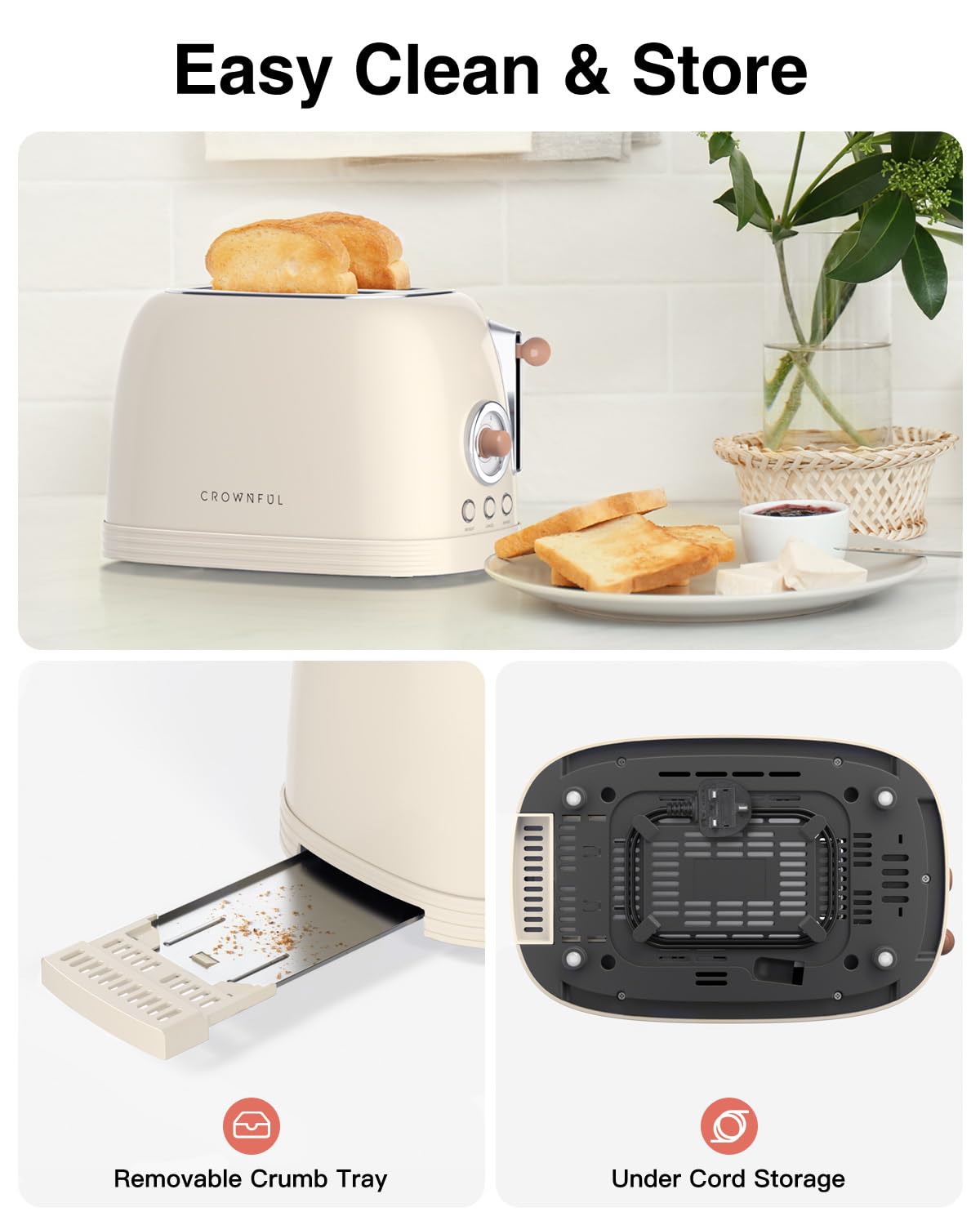CROWNFUL 2-Slice Toaster, Extra Wide Slots Toaster, Retro Stainless Steel with Bagel, Cancel, Defrost, Reheat Function and 6-Shade Settings, Removal Crumb Tray, Cream
