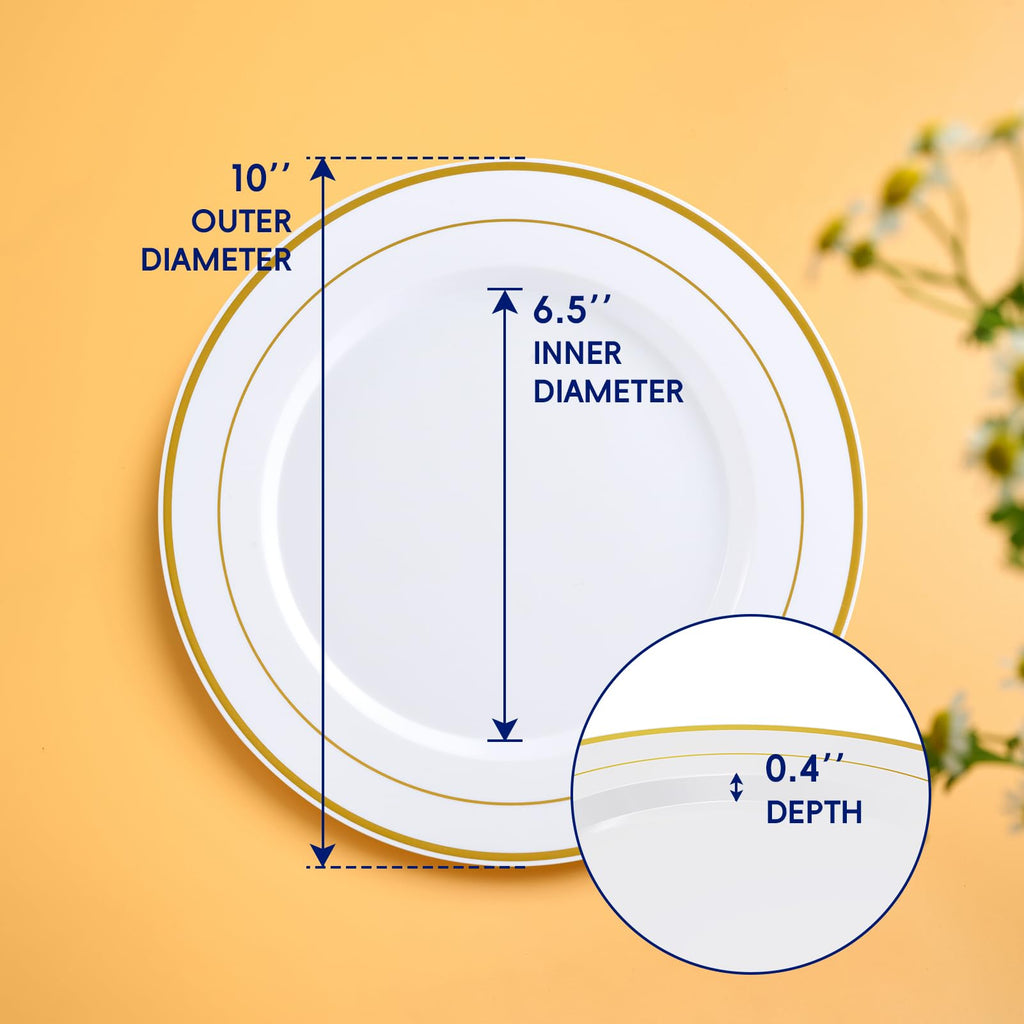 JOLLY CHEF 100 Pieces Gold Plastic Plates, 10 Inch Elegant Disposable Dinner White with Gold Rim, Disposable Plastic Plates for Christmas, Birthdays and Weddings