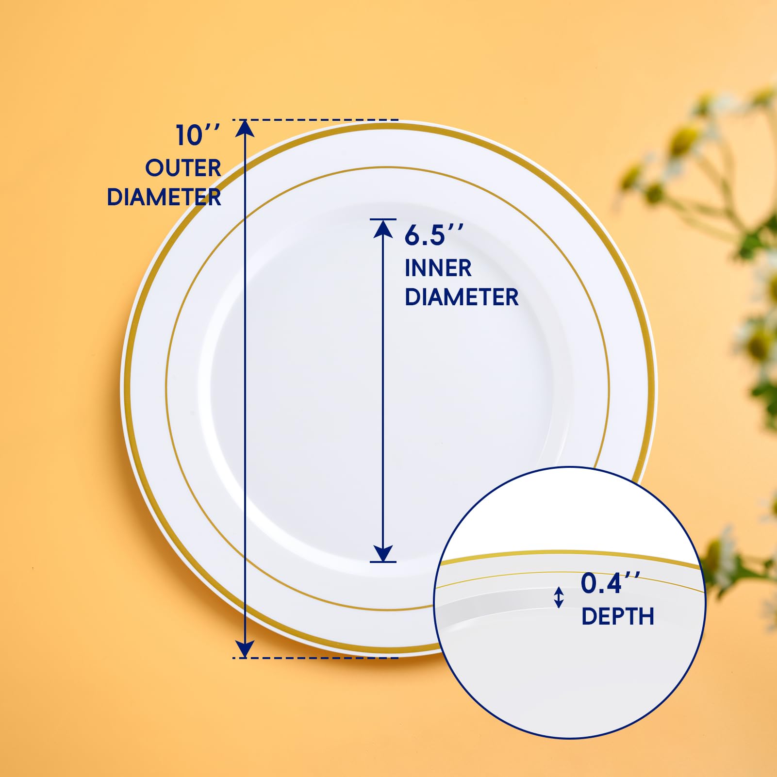 JOLLY CHEF 100 Pieces Gold Plastic Plates, 10 Inch Elegant Disposable Dinner White with Gold Rim, Disposable Plastic Plates for Christmas, Birthdays and Weddings