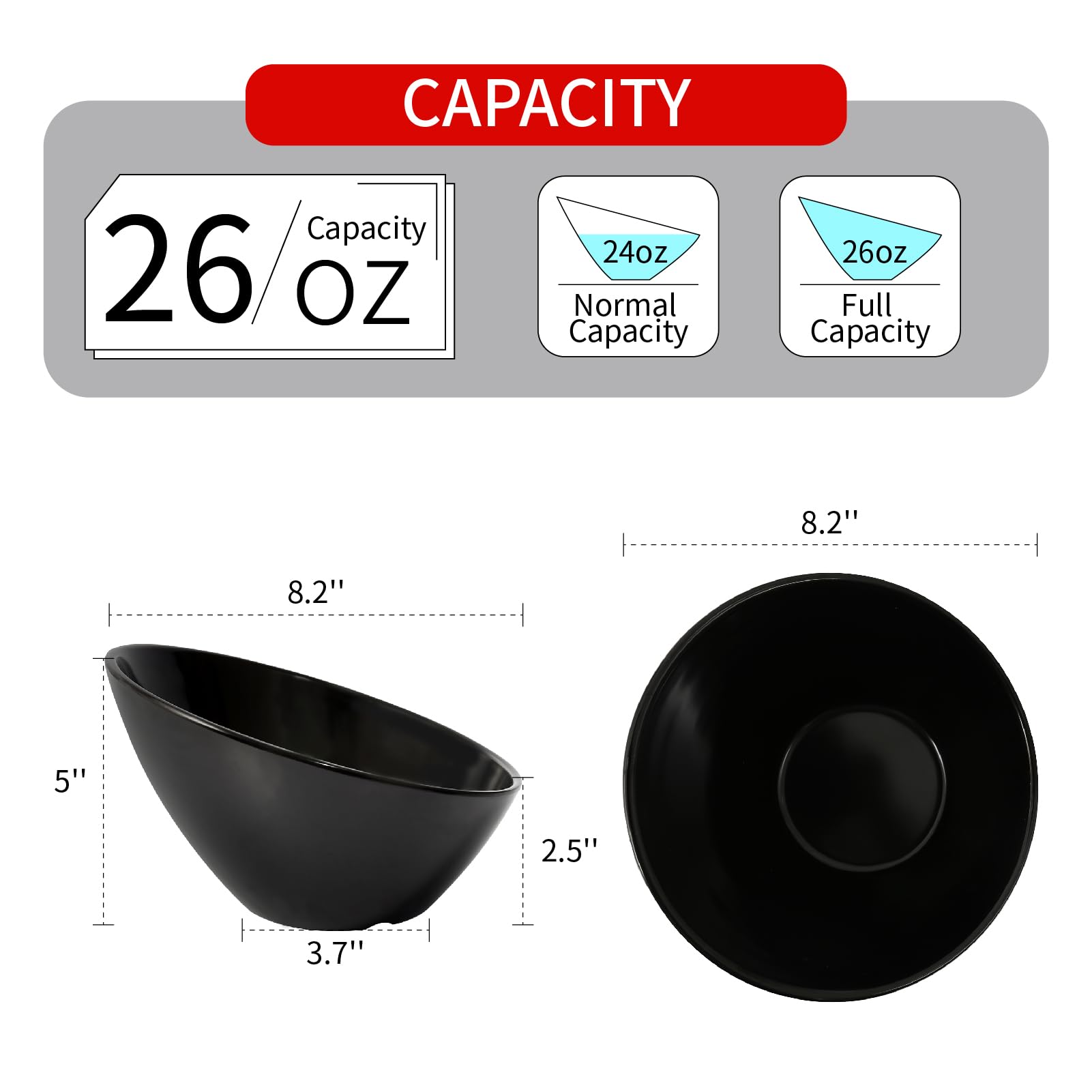 TP Salad Bowls Set of 4, 26 oz Melamine Serving Bowls for Pasta, Cereal, and Snacks, Lightweight and Durable, Dishwasher Safe, Black Bowls for Restaurant, Kitchen, Black