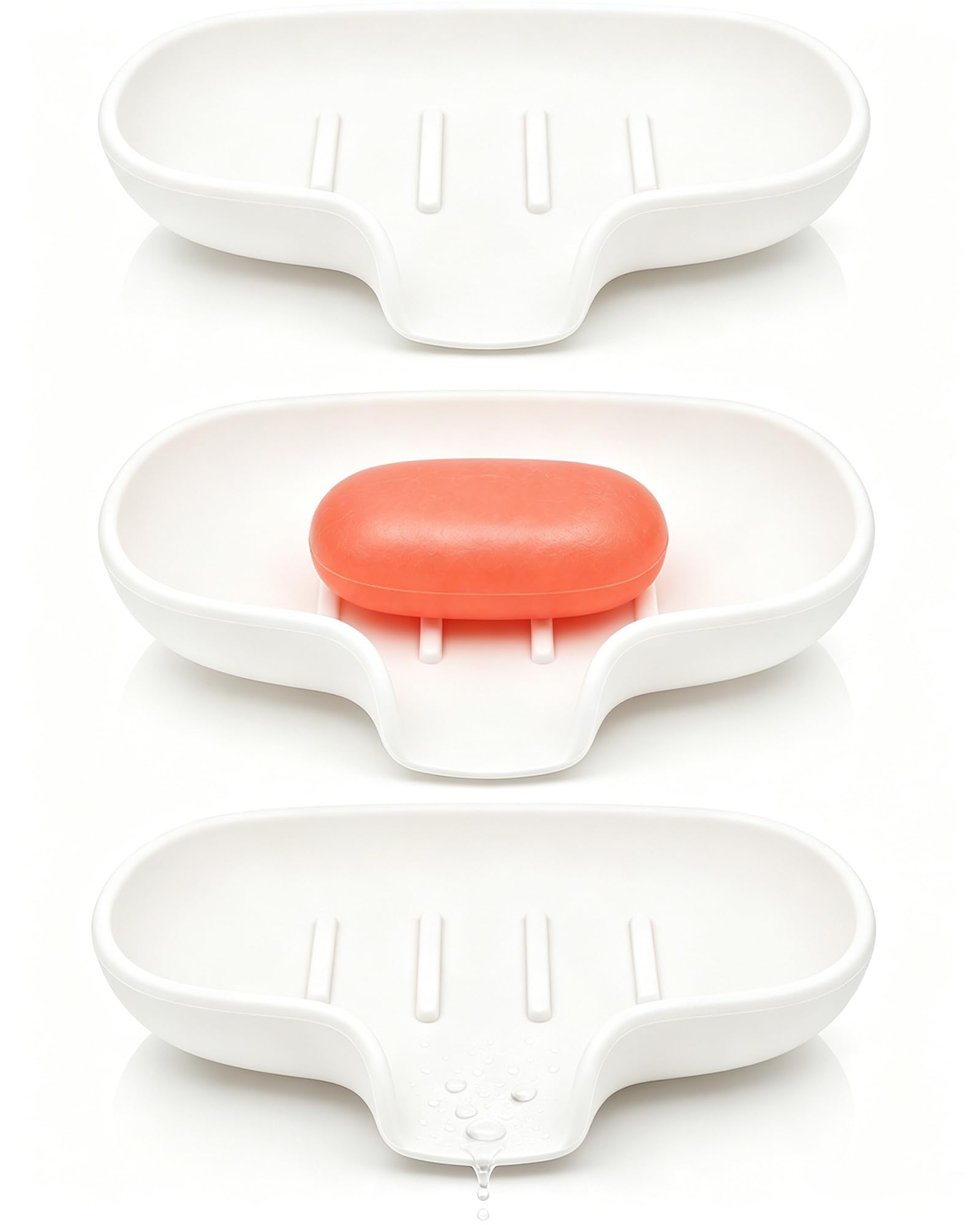 3 Pack Soap Bar Holder, AIMAIAIMAI Self Draining Soap Dish, Quick Drainage, Soap Dishes for Bathroom, Shower, Silicone Soap Tray for Kitchen, Dishwasher Safe (White)