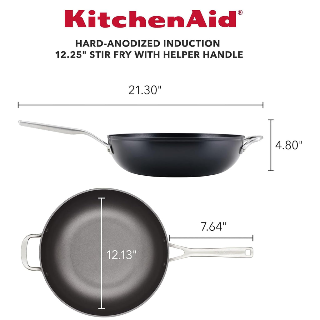 KitchenAid Hard-Anodized Induction Nonstick Stir Fry Pan/Wok with Helper Handle, 12.25-Inch, Matte Black