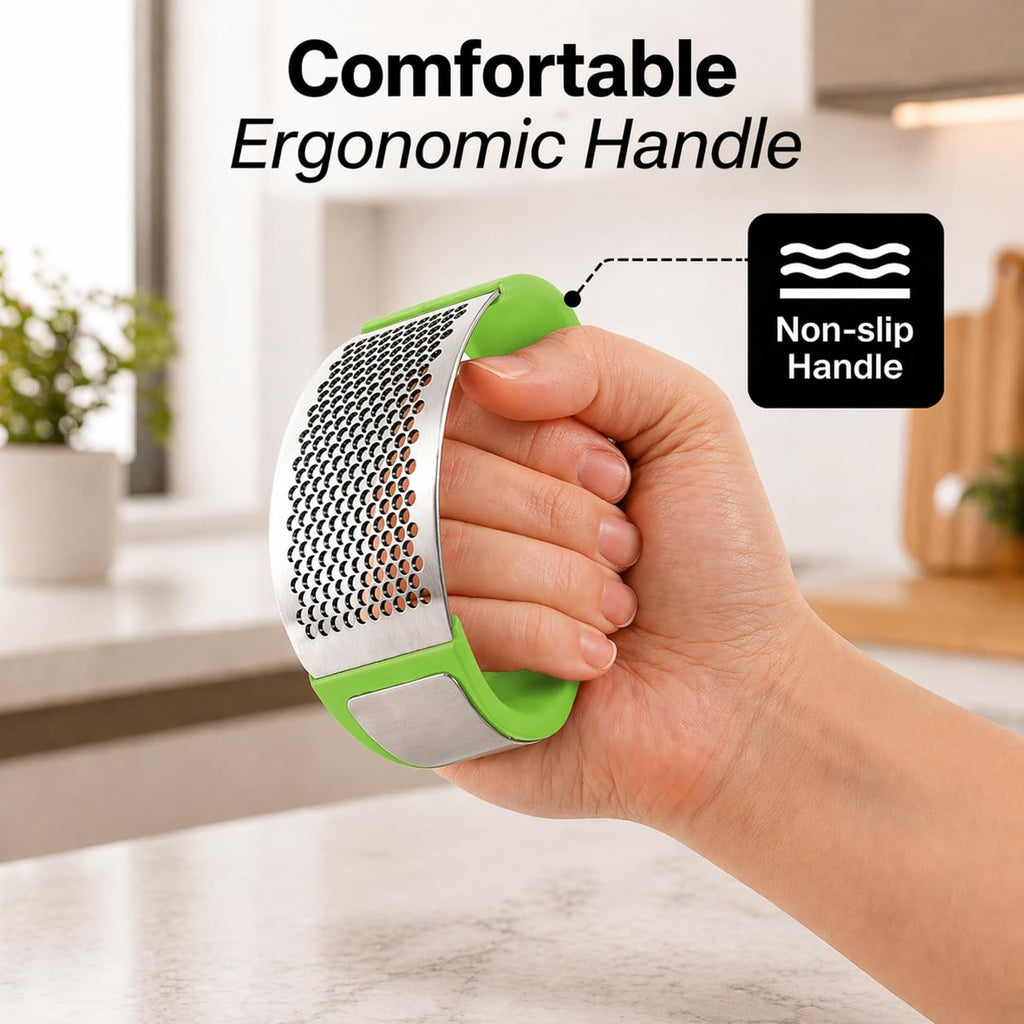 Zulay Kitchen Stainless Steel Garlic Press Rocker Set - Premium Garlic Mincer Garlic Crusher - New Innovative Garlic Crusher with Peeler and Scraper - Comfortable Grip (Green)