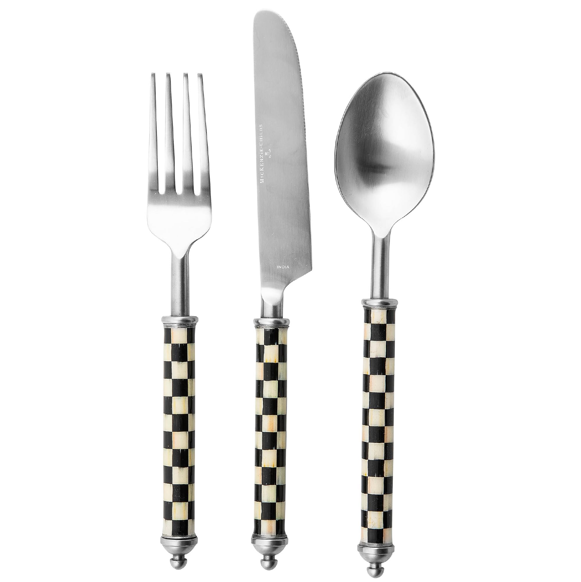 MACKENZIE-CHILDS Supper Club 3-Piece Place Setting, Fork, Spoon, and Knife Dinner Flatware Set, Black-and-White Courtly Check