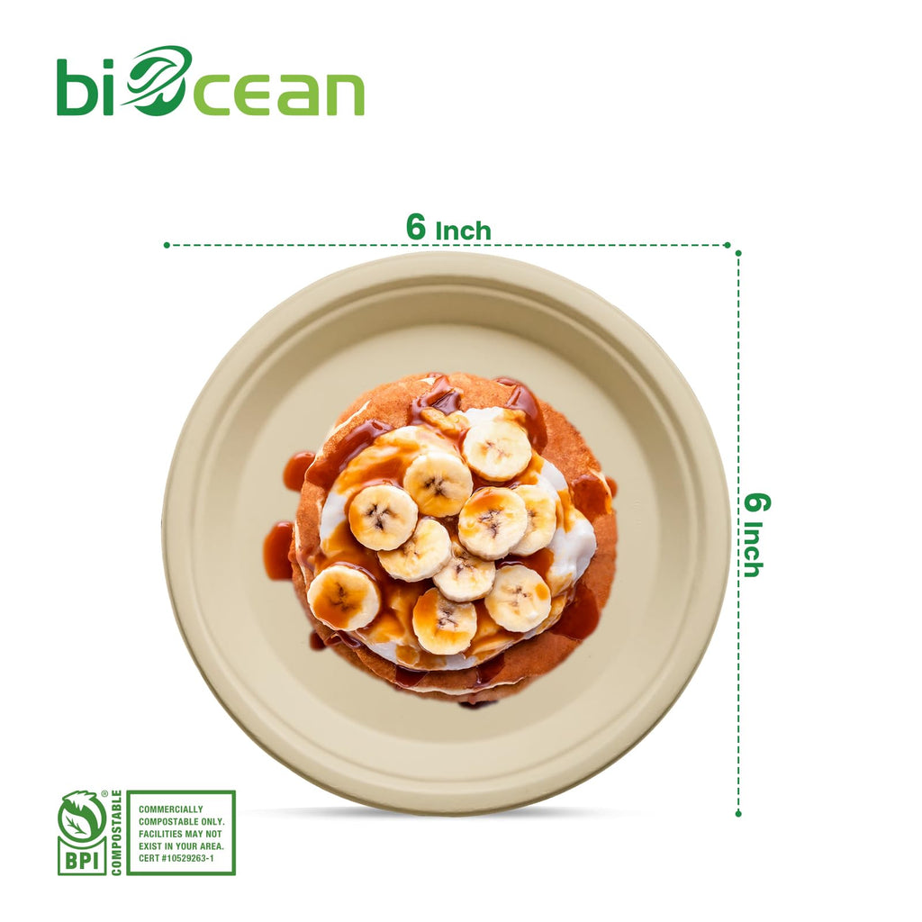 biocean 6 Inch Compostable Plates 100 Pack Heavy Duty Compostable Paper Plate, Disposable Eco-Friendly Sugarcane Bagasse Plate, Natural Brown Plates for Dinner, Dessert, and Weddings