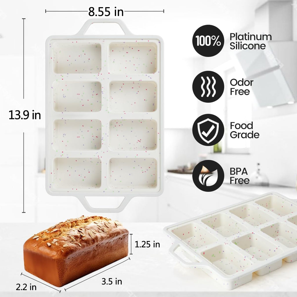 Mini Loaf Pans, Metal Reinforced Frame Silicone Bread Loaf Pans 8 Cavities Nonstick for Baking Cornbread, Mini Bread, Brownie, Cheesecake, Chocolate 2 Pack Confetti