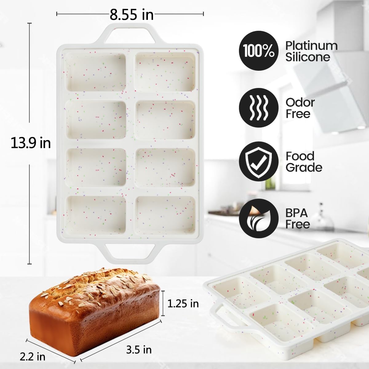 Mini Loaf Pans, Metal Reinforced Frame Silicone Bread Loaf Pans 8 Cavities Nonstick for Baking Cornbread, Mini Bread, Brownie, Cheesecake, Chocolate 2 Pack Confetti