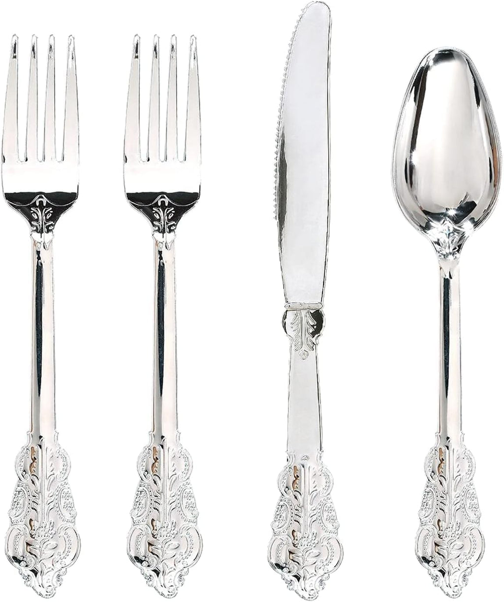 WDF 200 Pieces Silver Plastic Silverware Disposable - 50Guests Silverware Plastic Cutlery - Disposable Utensils Includes 100 Forks, 50 Spoons, 50 Knives Perfect for Christmas Wedding or Party
