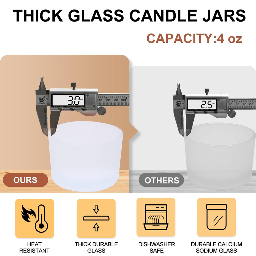 SHOWIN Thick Candle Jars for Making Candles 16 Pcs, 4 OZ Empty Jars with Wood Lids for Candle Making, Sample Container - Dishwasher Safe,Frosted White