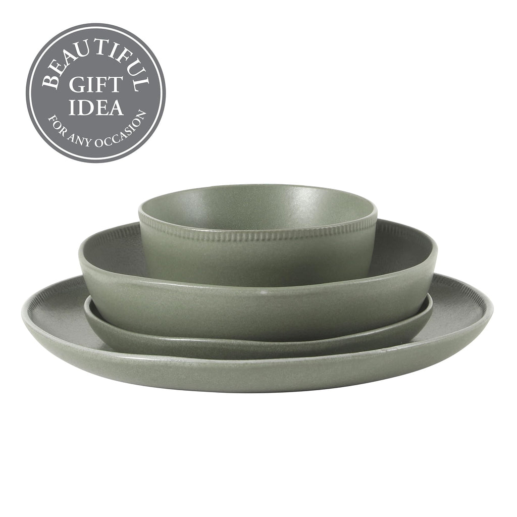 Gibson Elite Menlo Park 16-Piece Pottery Clay Stoneware Dinnerware Set – Green Reactive Glaze, Organic Shape Embossed Plates and Bowls W/Pasta Bowl, Service for 4 – Microwave & Dishwasher Safe