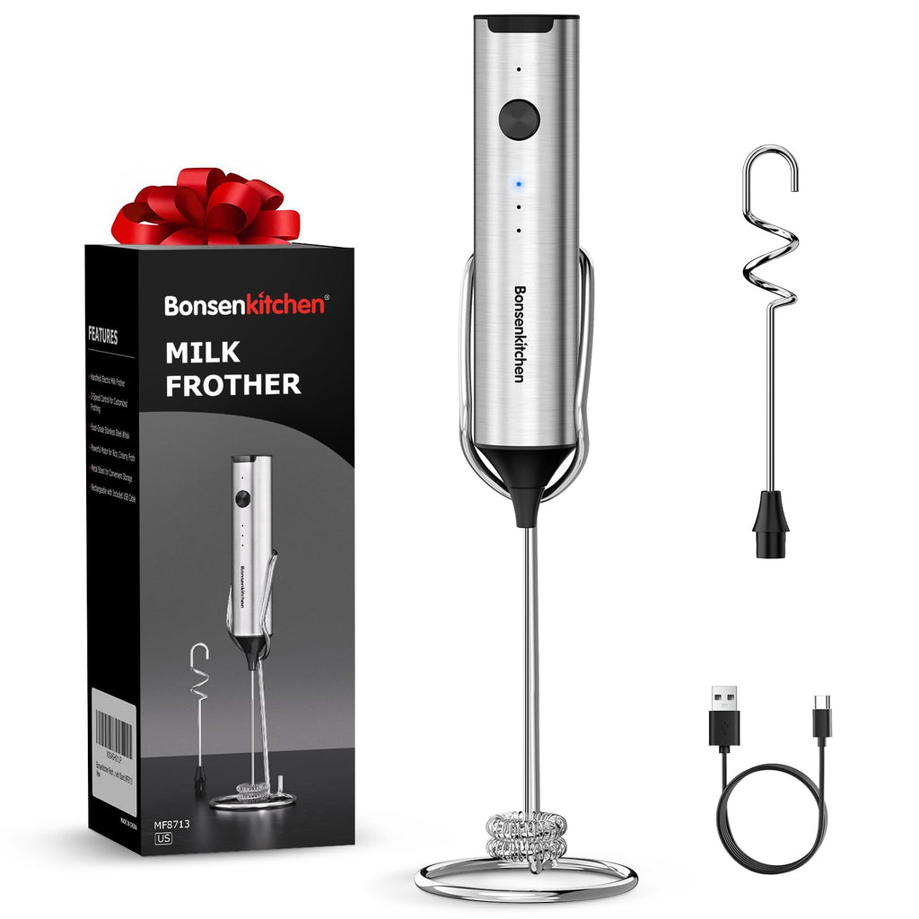 Bonsenkitchen Rechargeable Milk Frother with Stand, 3-Speed Handheld Coffee