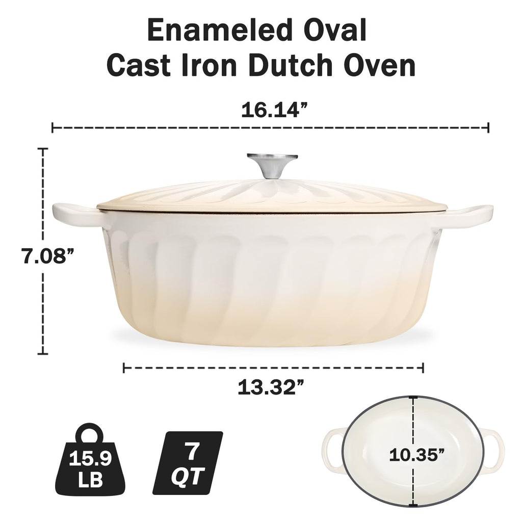 NSIRONS Enameled Dutch Oven Pot with Lid, 7 QT Cast Iron Dutch Oven with Dual Handles, Oval Dutch Oven for Cooking, Bread Baking, Frying, Non-stick Enamel Coated Oven (Caramel White)