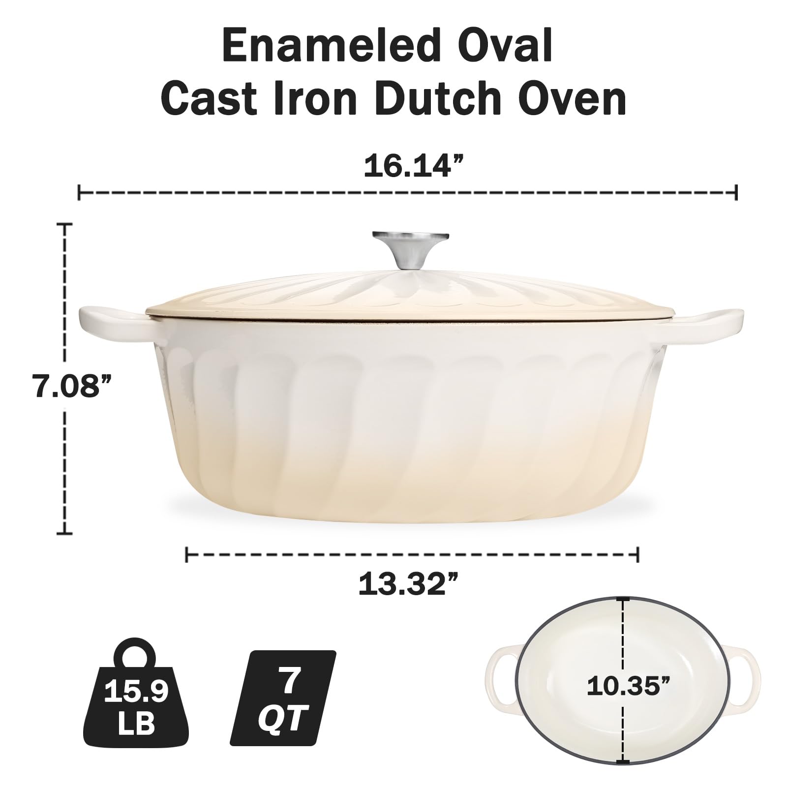 NSIRONS Enameled Dutch Oven Pot with Lid, 7 QT Cast Iron Dutch Oven with Dual Handles, Oval Dutch Oven for Cooking, Bread Baking, Frying, Non-stick Enamel Coated Oven (Caramel White)