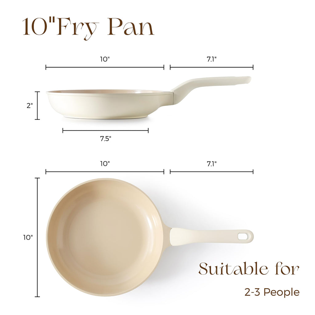 PRICUSIS Nonstick Ceramic Frying Pan, 8/10 Inch Skillet with Stay Cool Handle, Fully Coated, Induction Compatible, 100% Dishwasher Safe, PTFE PFAS & PFOA Free（10 Inch, Coconut White）