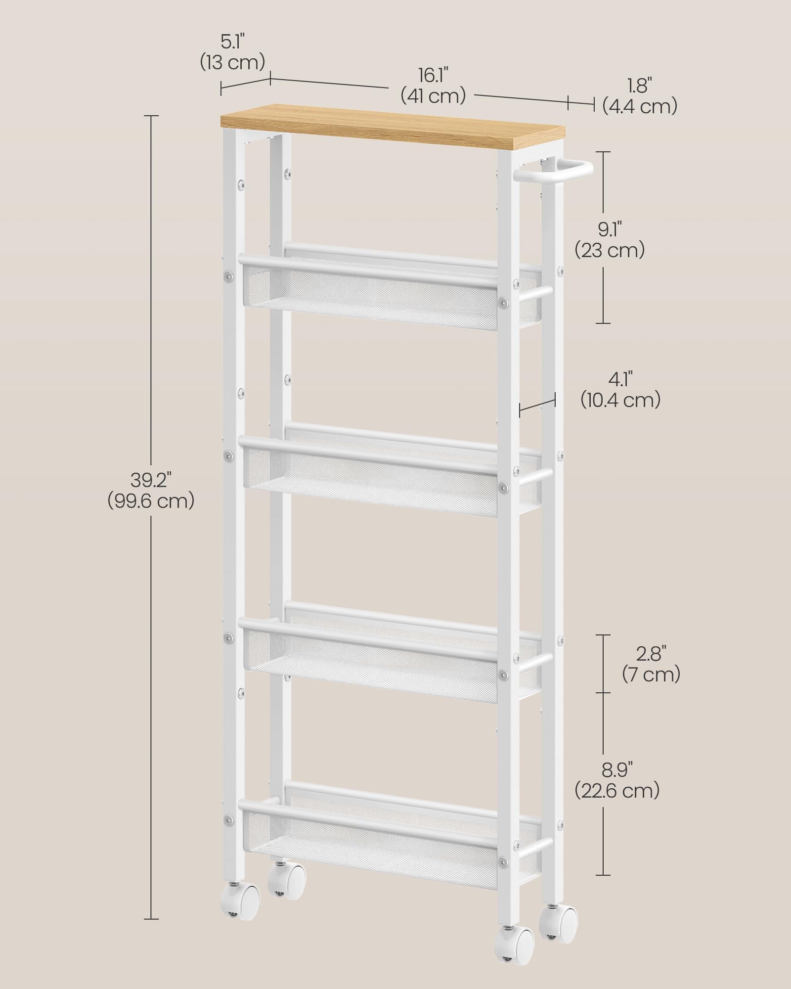 VASAGLE Slim Rolling Cart, 5-Tier Storage Cart, Narrow Cart with Handle, 5.1 Inches Deep, Metal Frame, for Kitchen, Dining Room, Living Room, Home Office, Oak Beige and Classic White ULRC034W09