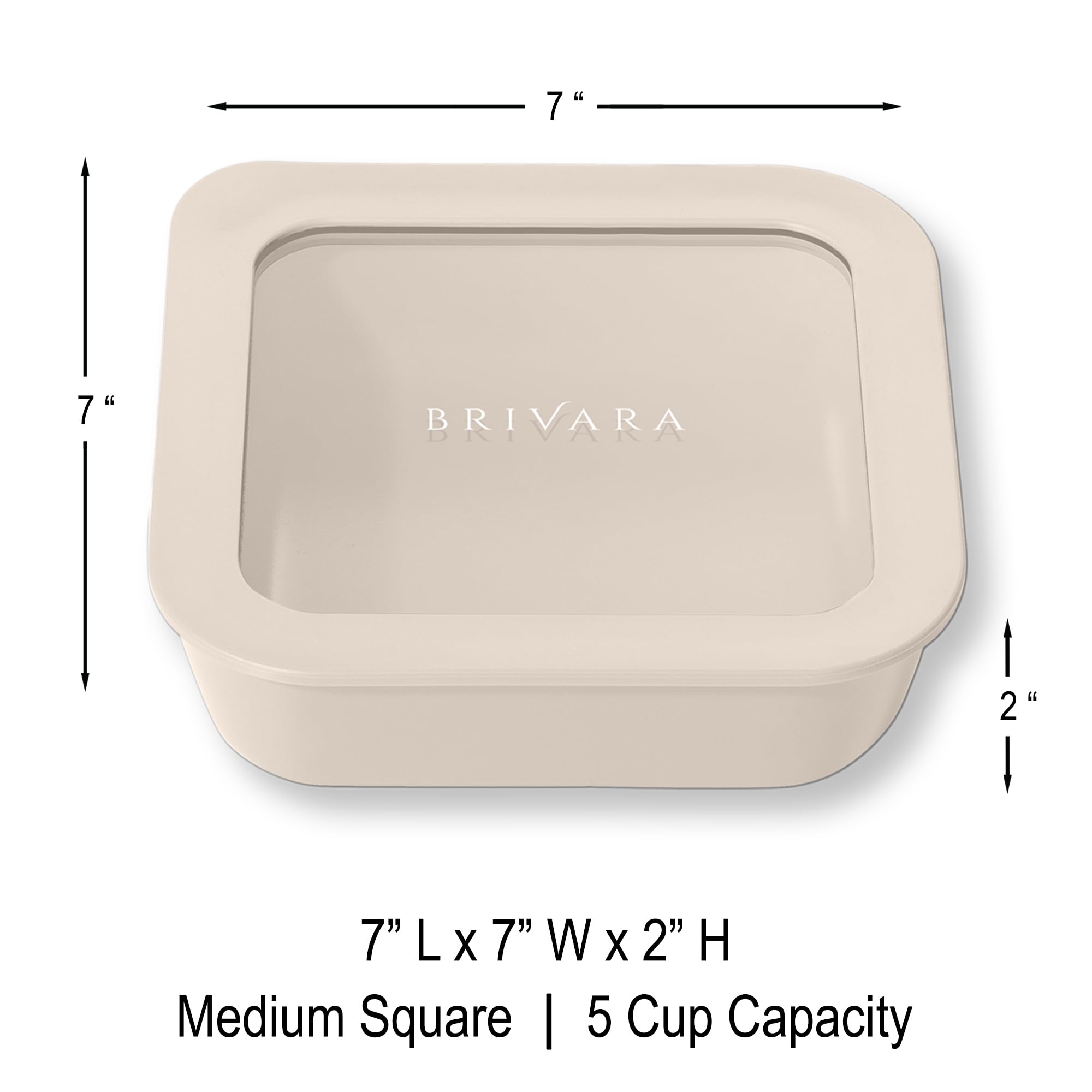 BRIVARA HOME Glass Food Storage Container with Lid, 5-Cup Medium Square | Microwave-Safe Airtight Lid, Oven-Safe Ceramic-Coated Glass | Zero Plastic, No PFAS/PFOA/BPA, Reusable [Crema]