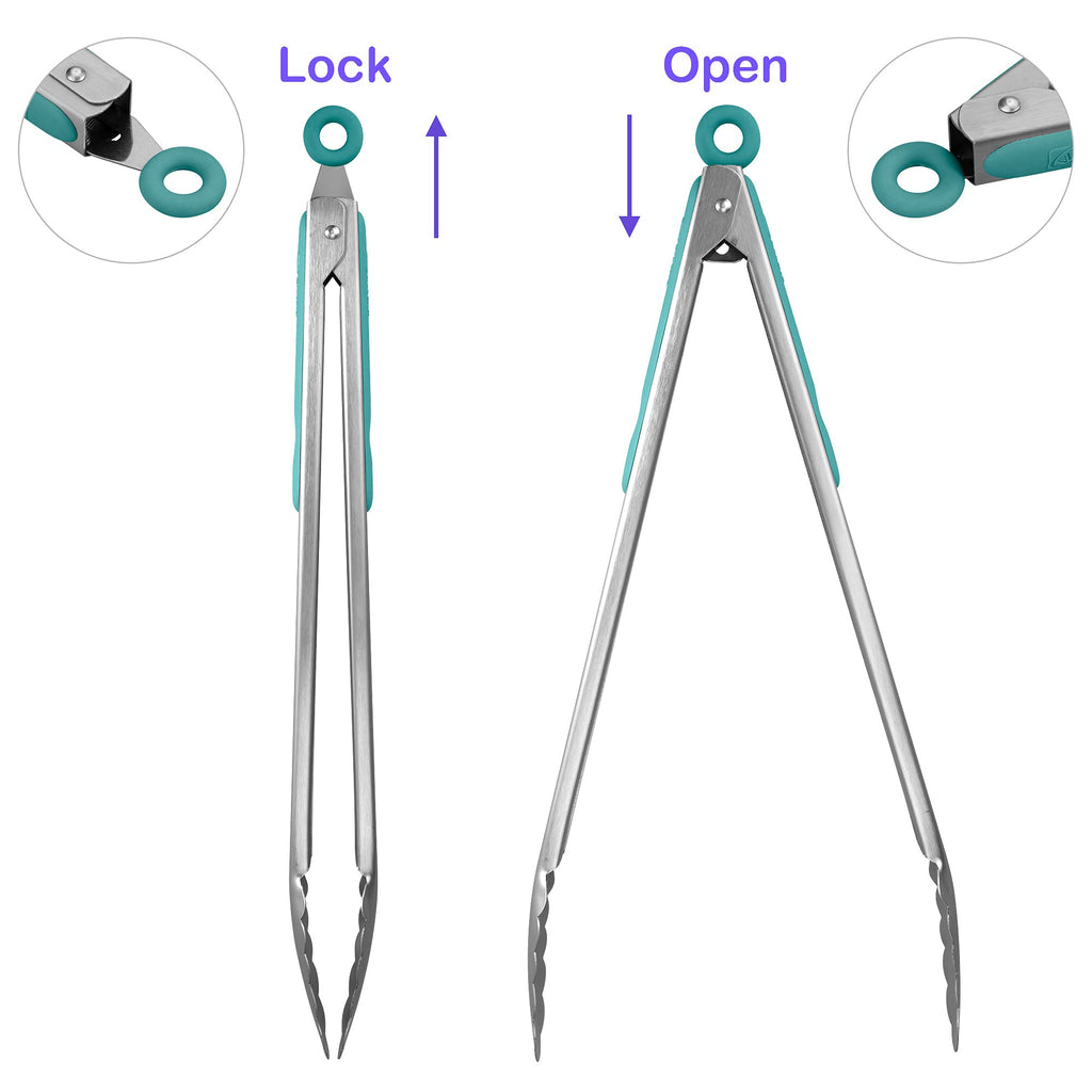 304 Stainless Steel Kitchen Cooking Tongs, 14 & 16", Set of 2, Aqua Sky