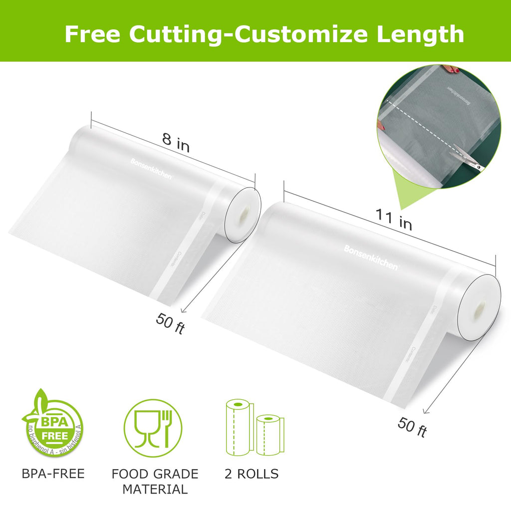 Bonsenkitchen Vacuum Sealer Bags Rolls for food, 11in x 50ft & 8in x 50ft