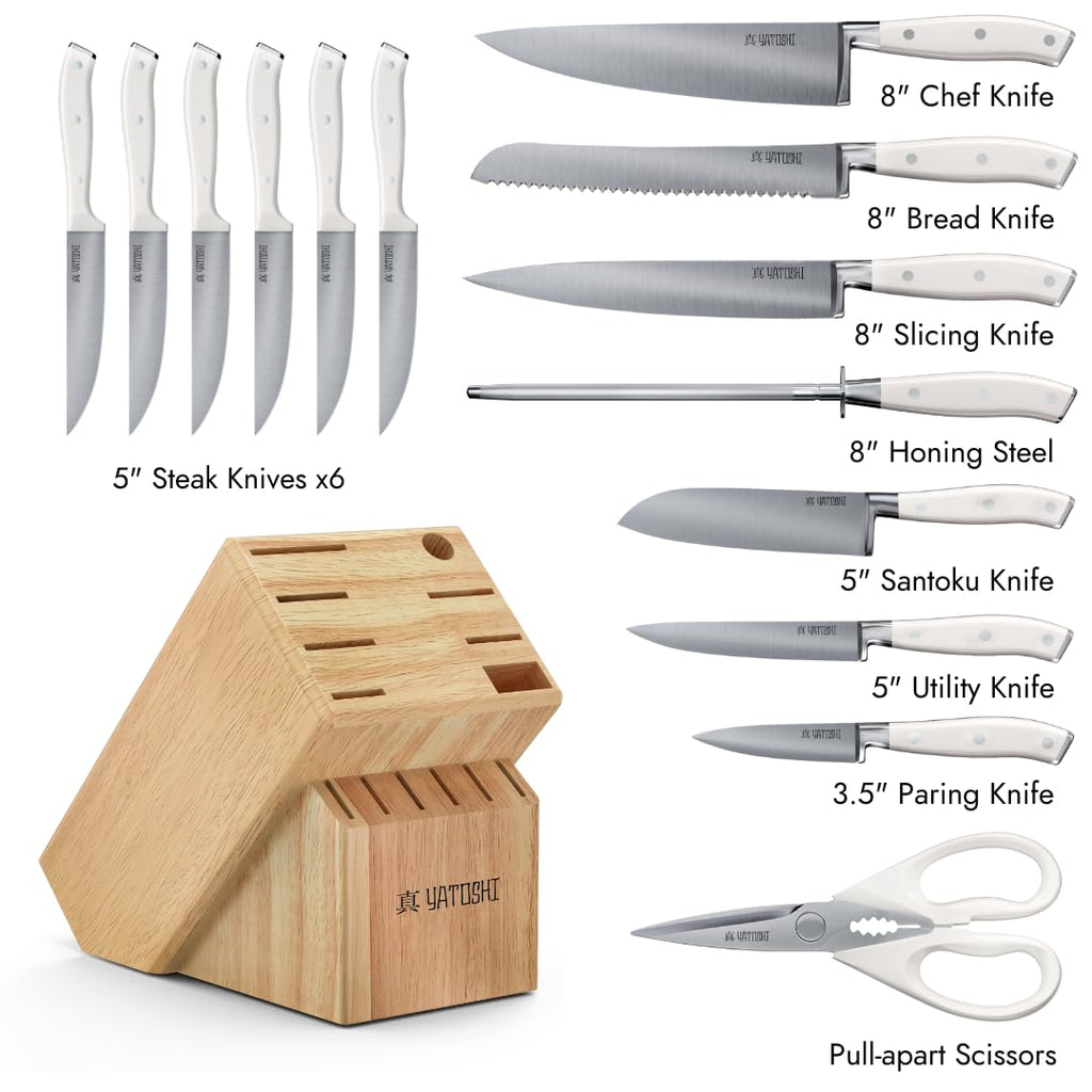 Yatoshi 15 Piece White Knife Block Set - Pro Kitchen Knife Set Ultra Sharp High Carbon Stainless Steel with Ergonomic Handle