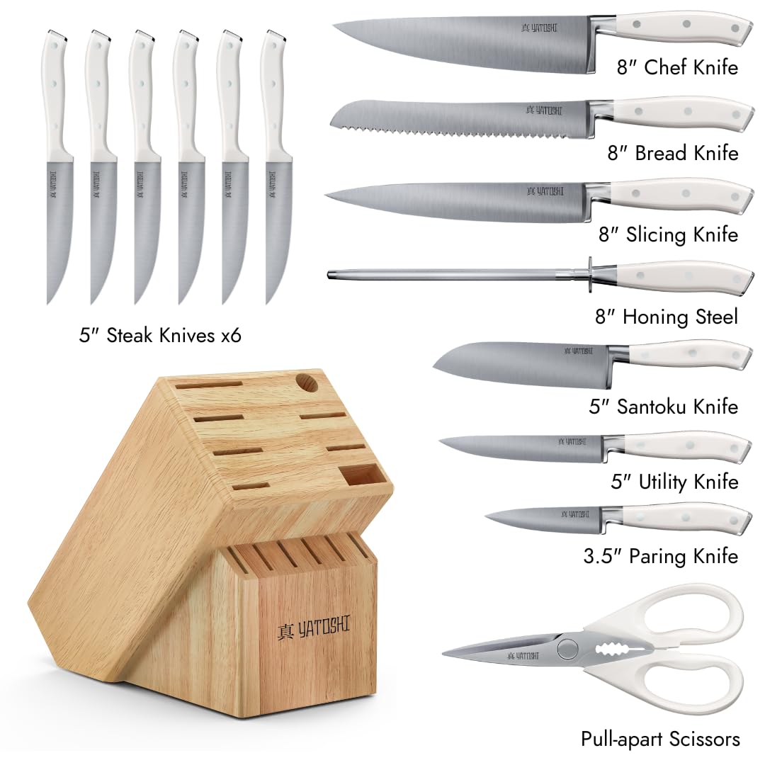Yatoshi 15 Piece White Knife Block Set - Pro Kitchen Knife Set Ultra Sharp High Carbon Stainless Steel with Ergonomic Handle