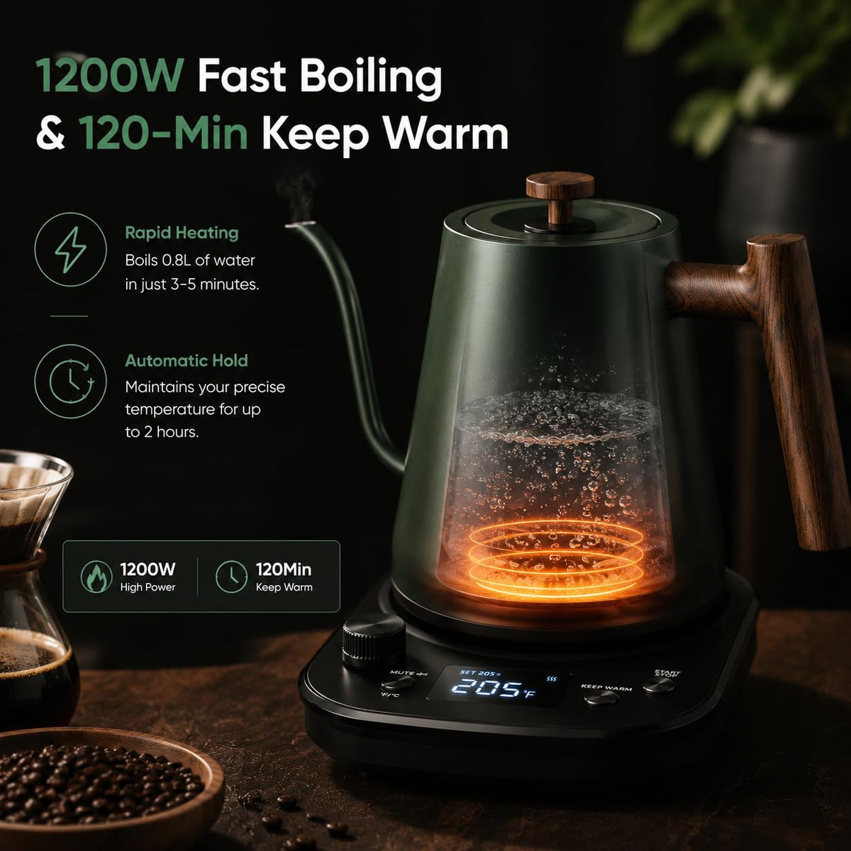 KLEAH Gooseneck Electric Kettle with Temperature Control - 0.8L Automatic Shut Off Tea & Coffee Kettle, Hot Water Boiler Pour Over Coffee Kettle, 1200W Quick Heating Keep Warm, Green
