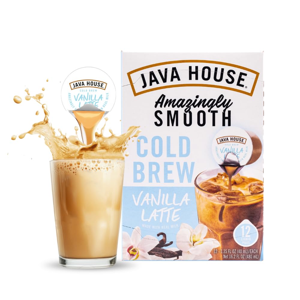 JAVA HOUSE French Vanilla Latte Cold Brew Coffee Capsules, 1.35 Fluid Ounces (48 Count) Peel and Pour, TSA Approved, Travel Friendly Cold Brew, Hot or Iced