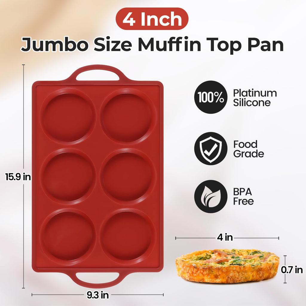 CAKETIME Jumbo Silicone Muffin Top Pan with Metal Frame, 4 Inch Non Stick Round Egg Baking Pan for Oven English Muffins, Whoopie Pies, Corn Bread, Egg Bites, Breakfast Sandwiches Tarts 2 Pack Brown