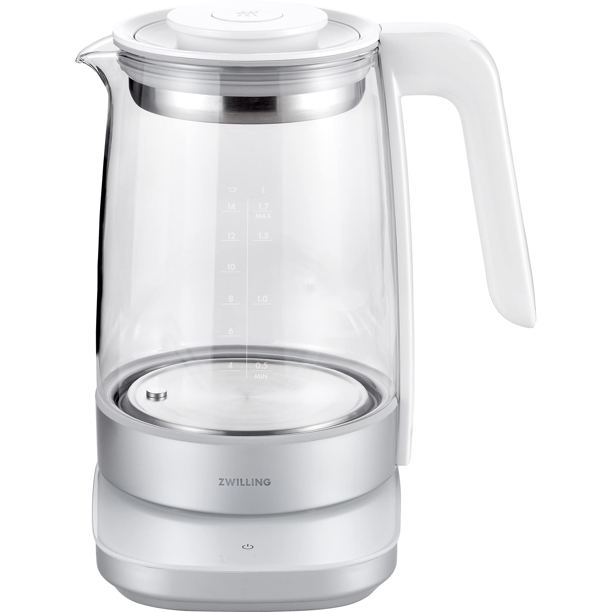 ZWILLING Enfinigy Glass Kettle 1.7L, Tea Kettle, 6 Preset Temps for the Perfect Cup, Tea Timer, Silver