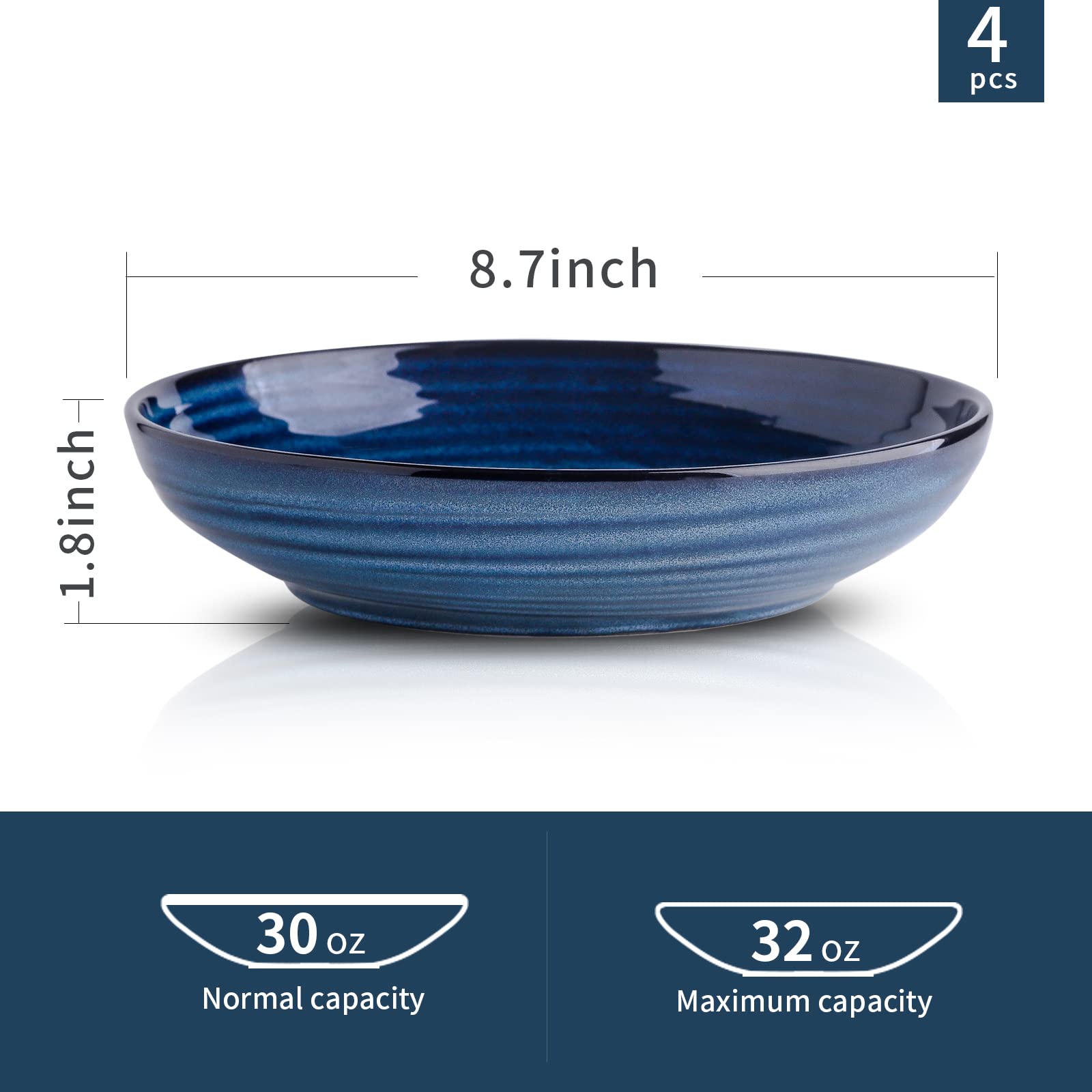 HASENSE Pasta Bowls Set of 2, 8.7 Inch Reactive Glazed Ceramic Salad Serving Bowls for Kitchen, 32 Ounce Shallow Bowls for Pasta Soup Salad Dinner, Microwave Dishwasher Safe, Navy Blue