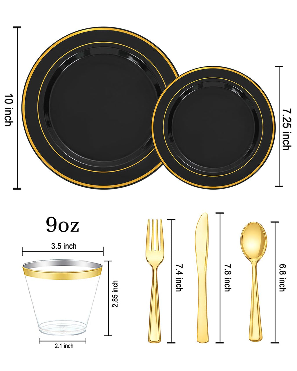 bUCLA 150 Pieces Black and Gold Disposable Dinnerware Set - 25 Guests Black Gold Plastic Plates Include 25 Dinner & 25 Dessert Plates, 25 Spoons, 25 Forks, 25 Knives, 25 Cups for Party & Graduation