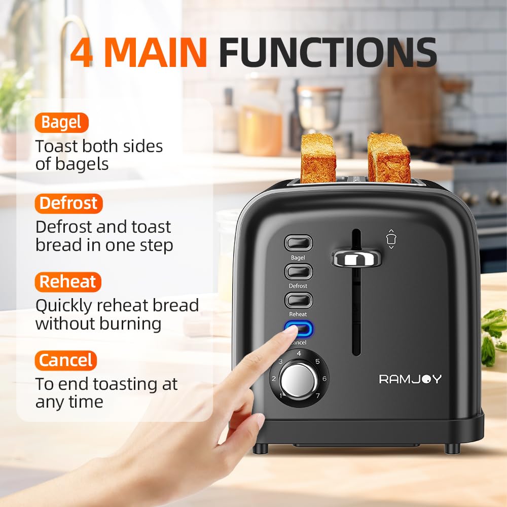 RAMJOY Black Toaster 2 Slice, Extra Wide Slot Toaster for Bagels, Bread, Waffles, 7 Shade Settings, 4 Main Functions, Removable Crumb Tray, 900 Watts Toasters, Black Stainless Steel