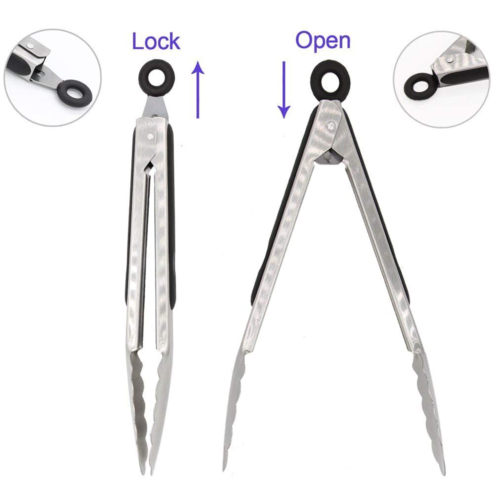 304 Stainless Steel Locking Kitchen Tongs, 9 & 12 Inch, 4-Piece, Black