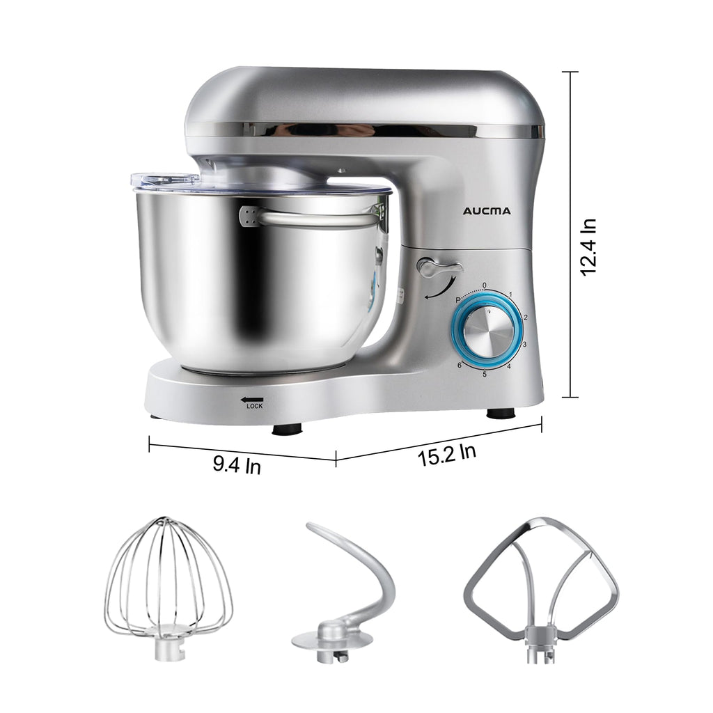 Aucma Stand Mixer,6.5-QT 660W 6-Speed Tilt-Head Food Mixer, Kitchen Electric Mixer with Dough Hook, Wire Whip & Beater (Silver, 6.5QT)