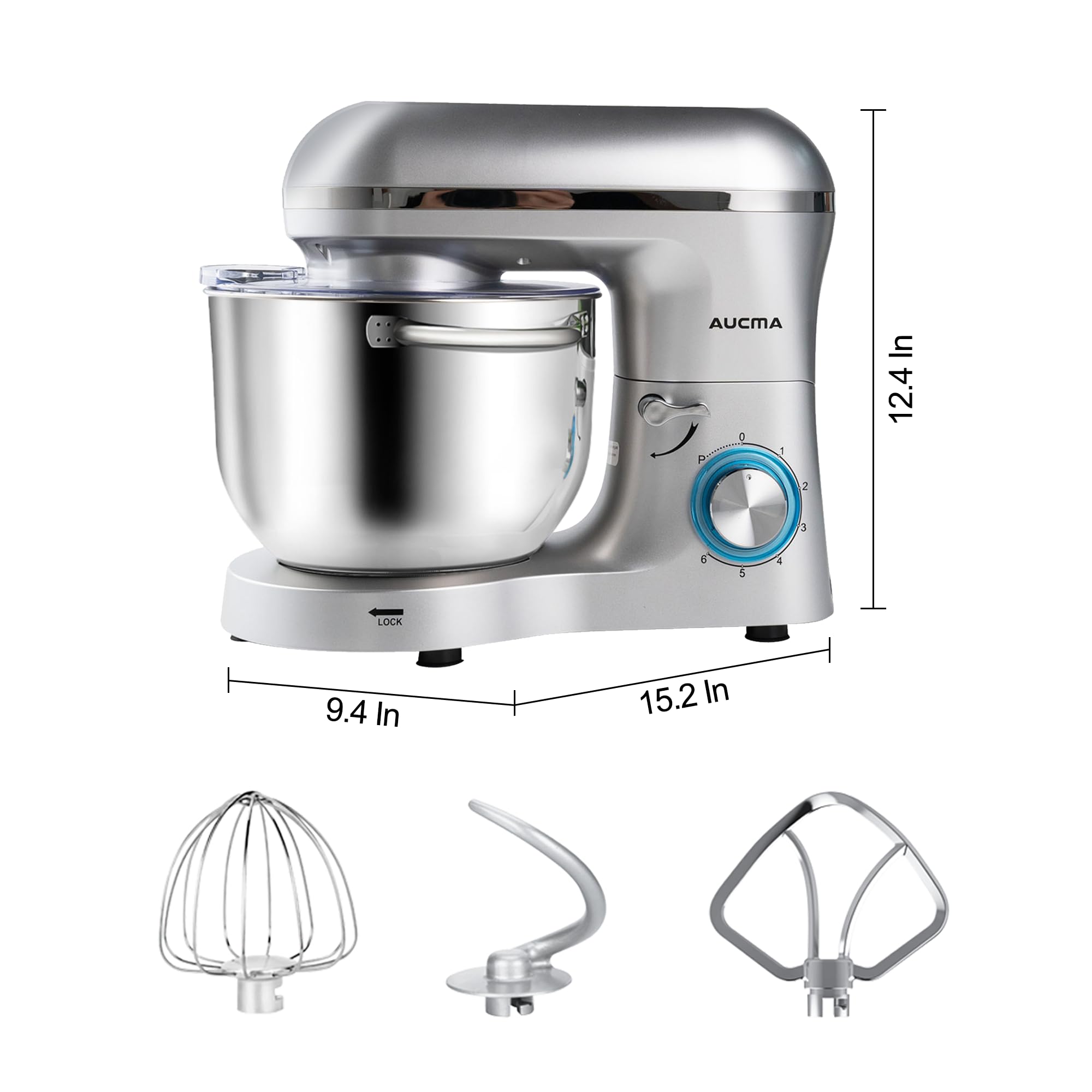 Aucma Stand Mixer,6.5-QT 660W 6-Speed Tilt-Head Food Mixer, Kitchen Electric Mixer with Dough Hook, Wire Whip & Beater (Silver, 6.5QT)