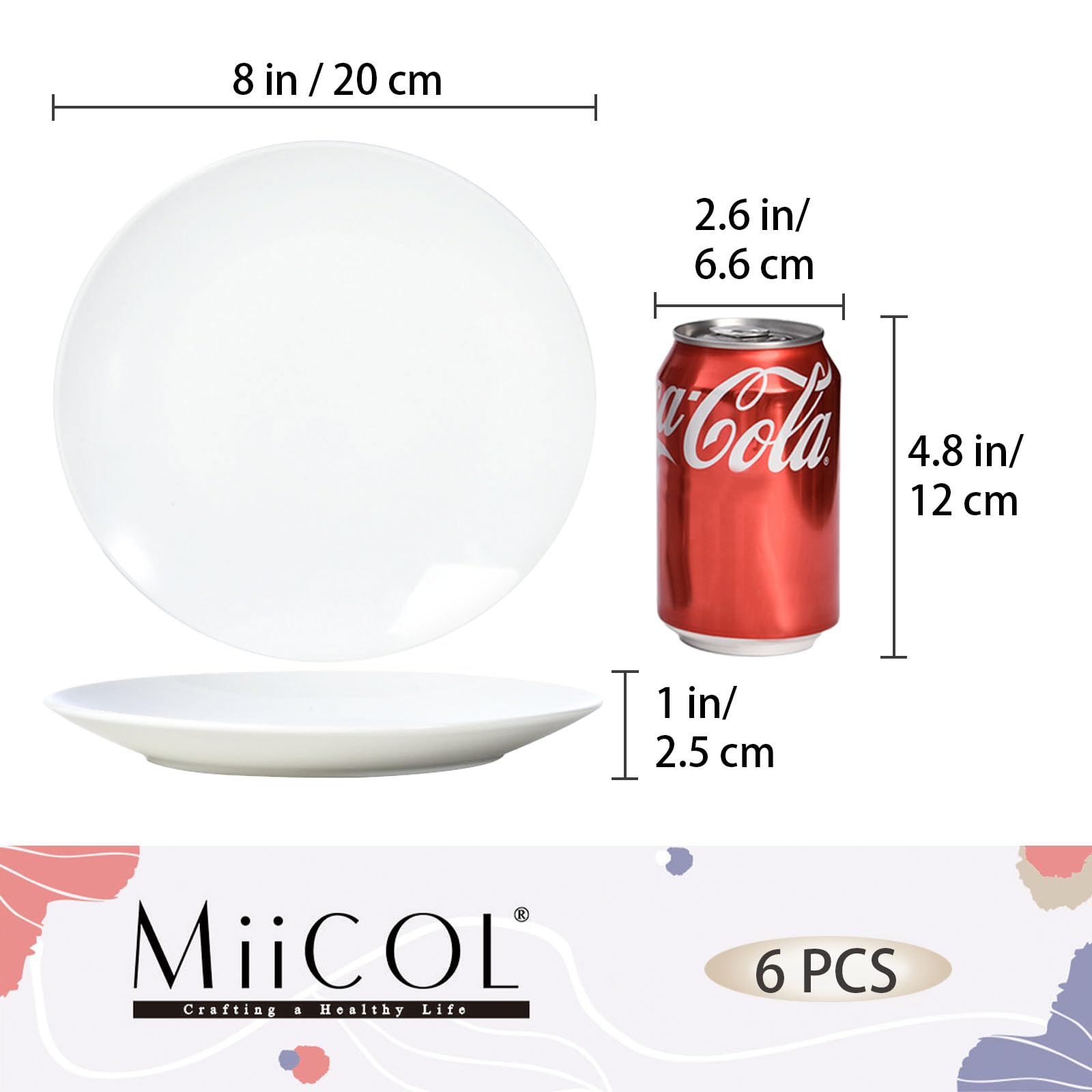 Miicol Ceramic Appetizer Plates Set of 6, White Dessert Plates 8 Inch, Small Dinner Plates, Modern Round Salad Plates, Porcelain Serving Dishes for Snack, Bread, Fruit, Microwave & Dishwasher Safe