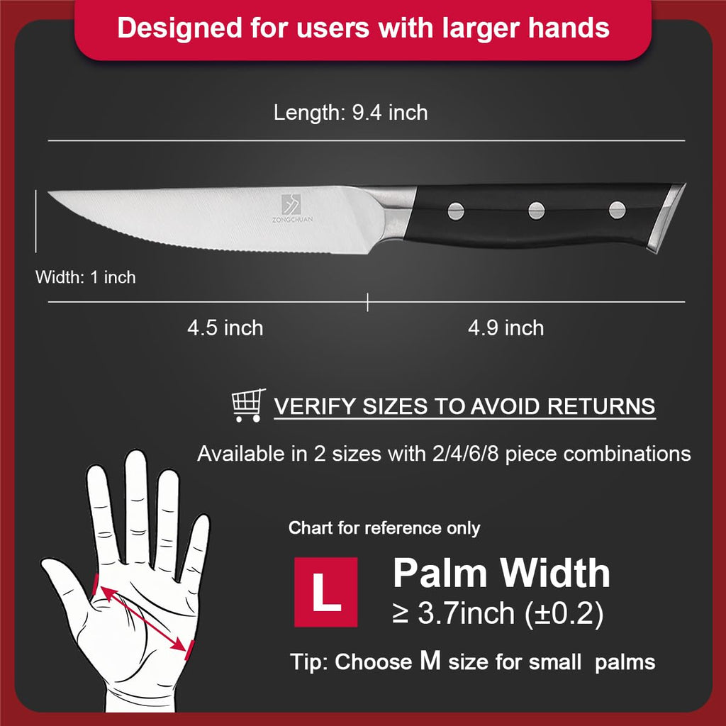 zongchuan Steak Knife,4.5inch Steak Knives Set of 2,High-Carbon Stainless Steel Knife Set,Serrated Blade Sharp Knives,Dishwasher Safe,Ergonomic Black Handel,Full Tang Design With Excellent Gift
