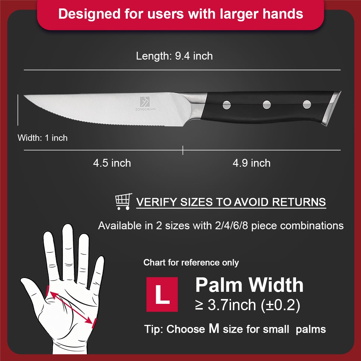 zongchuan Steak Knife,4.5inch Steak Knives Set of 2,High-Carbon Stainless Steel Knife Set,Serrated Blade Sharp Knives,Dishwasher Safe,Ergonomic Black Handel,Full Tang Design With Excellent Gift