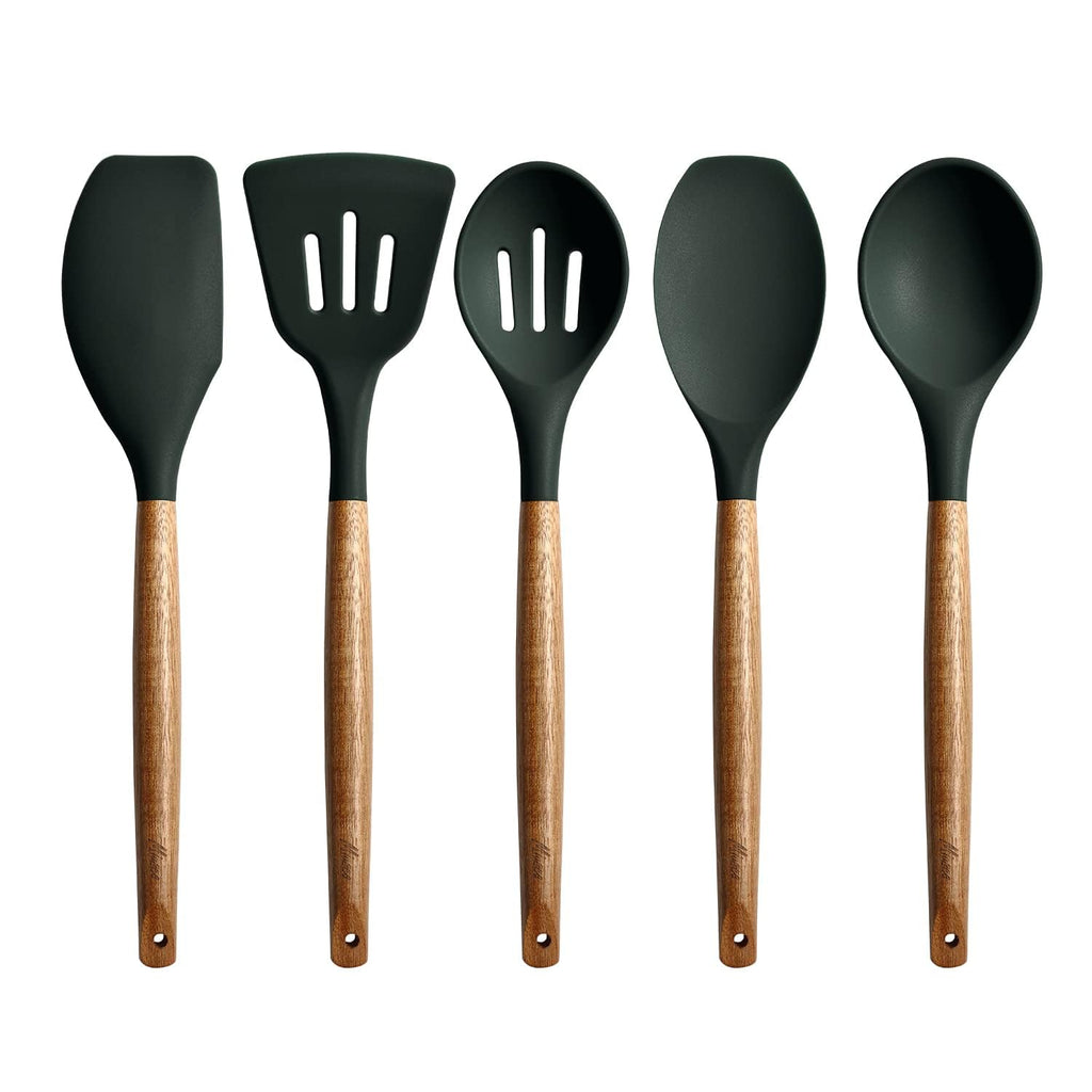 Miusco Non-Stick Silicone Cooking Utensils Set with Natural Acacia Hard Wood Handle, 5 Piece, High Heat Resistant (Green)