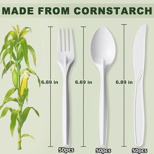 150PCS compostable utensils set Eco-friendly Heavy Duty Utensils (50 Forks, 50 Spoons, 50 Knives) Compostable Cutlery Set Biodegradable Utensils disposable silverware for party BBQ, Picnic Daily Use