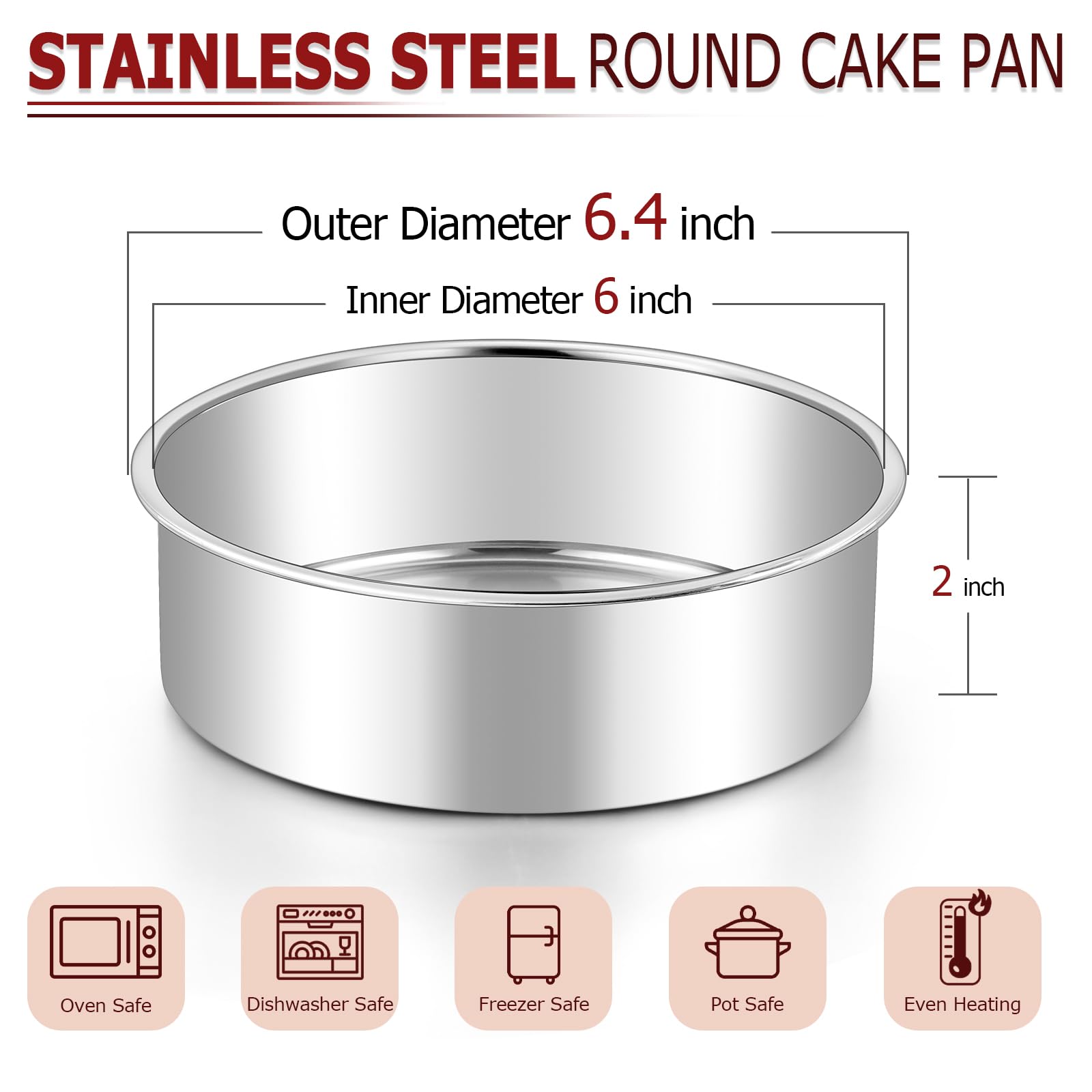 LIANYU 6 Inch Round Cake Pan, Stainless Steel Baking Layer Cake Pan Tin