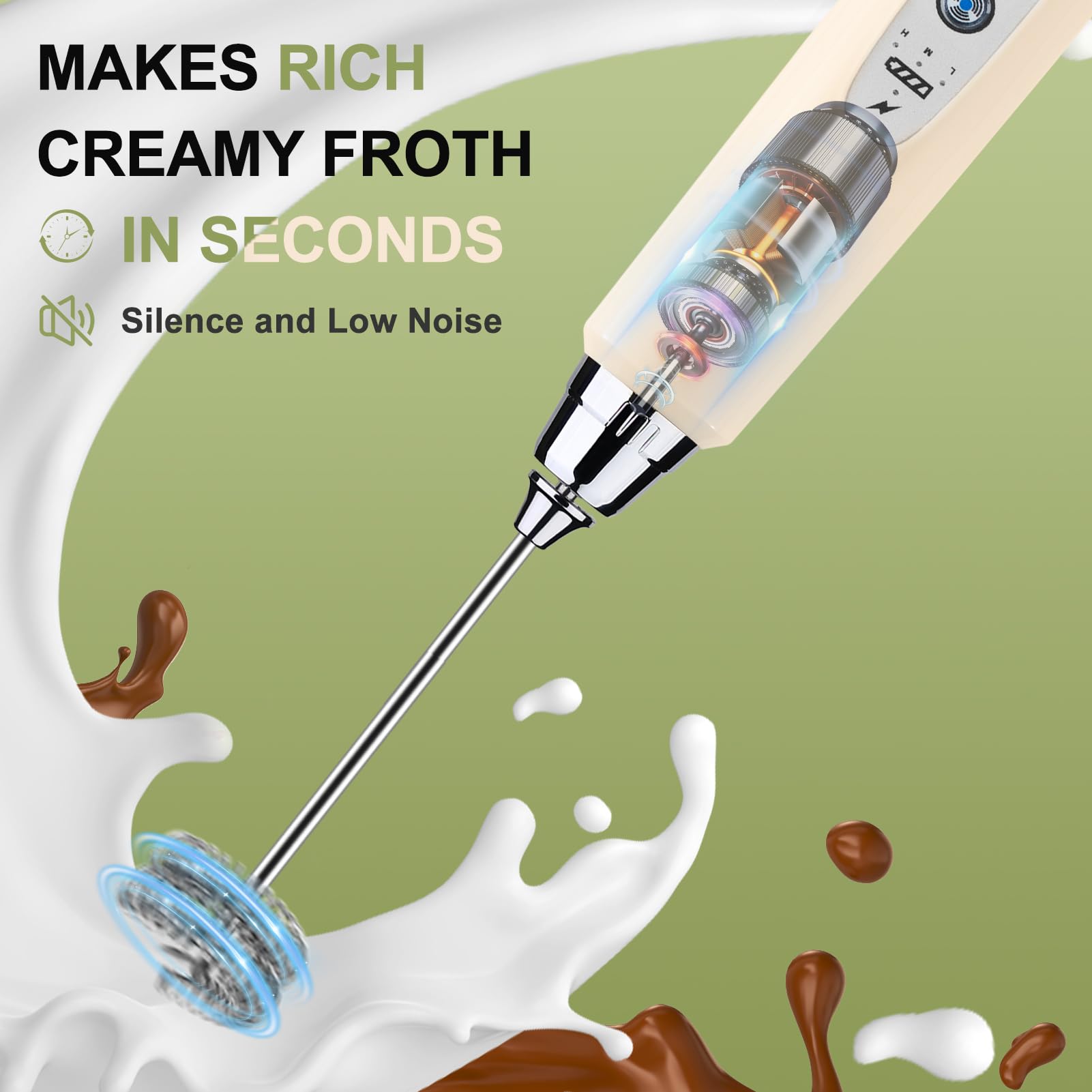 YUSWKO Handheld Milk Frother Wand for Coffee, Rechargeable Electric Whisk with 3 Heads 3 Speeds Drink Mixer Coffee Frother For Latte, Cappuccino, Hot Chocolate, Egg, Beige